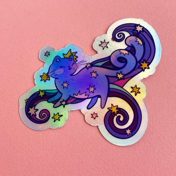 Holographic Outer Space Star Cat Vinyl Sticker